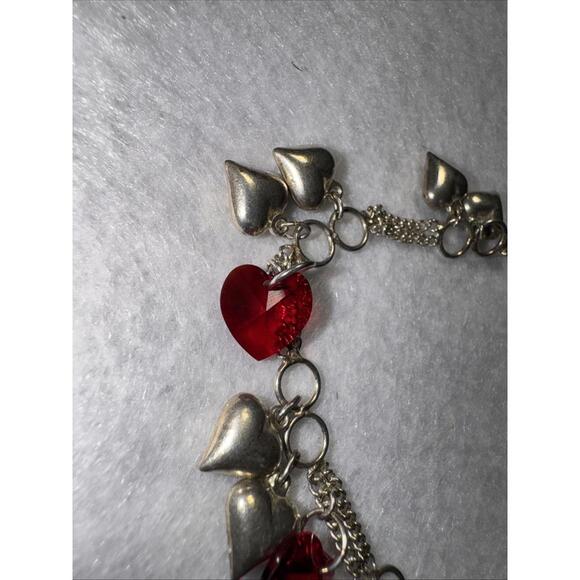 925 Sterling Silver Heart Chain Bracelet Made With SWAROVSKI  Red Crystal Hearts - Picture 10 of 12